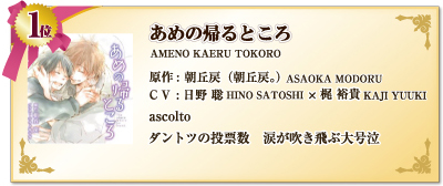 あめの帰るところAMENO KAERU TOKORO 朝丘戻（朝丘戻。）ASAOKA MODORU 日野聡HINO SATOSHI 梶裕貴KAJI YUUKI ダントツの投票数　涙が吹き飛ぶ大号泣CD