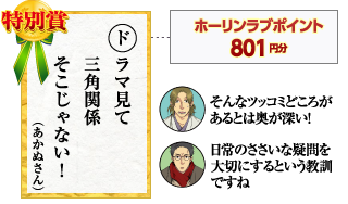 特別賞　ドラマ見て 三角関係 そこじゃない！
（あかぬさん）ホーリンラブポイント801円分
そんなツッコミどころがあるとは奥が深い！　日常のささいな疑問を大切にするという教訓ですね